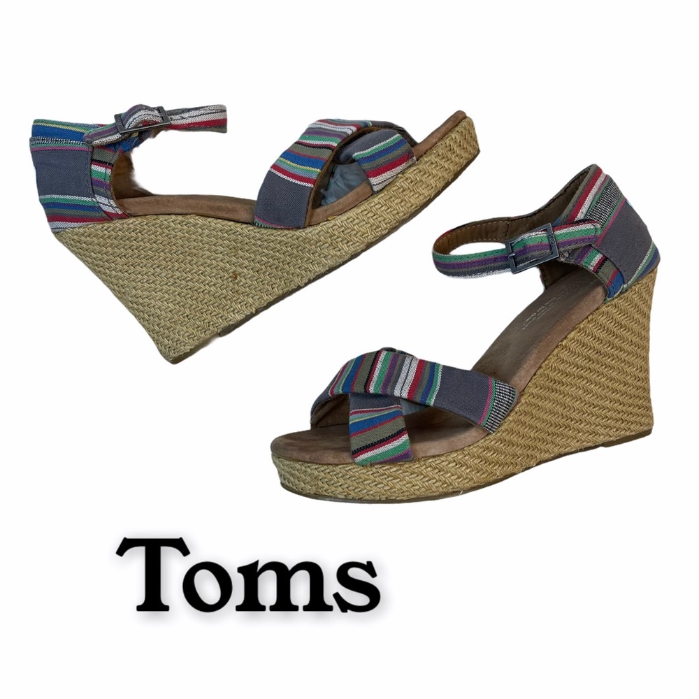 TOMS Striped Canvas Wedge Sandals Size 7.5